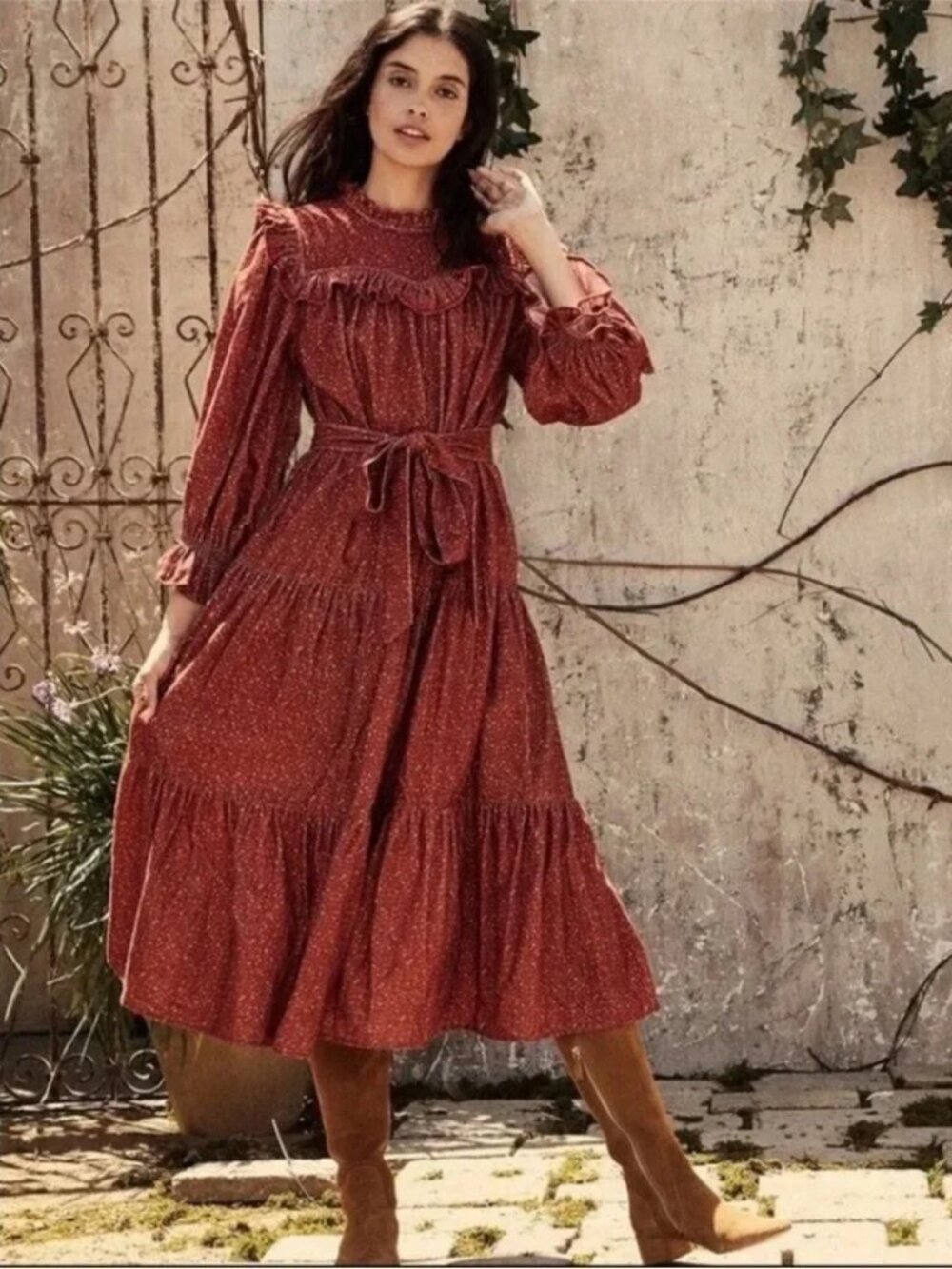 DÔEN Mountain Midi Dress in Burgundy California Wildflower Corduroy S